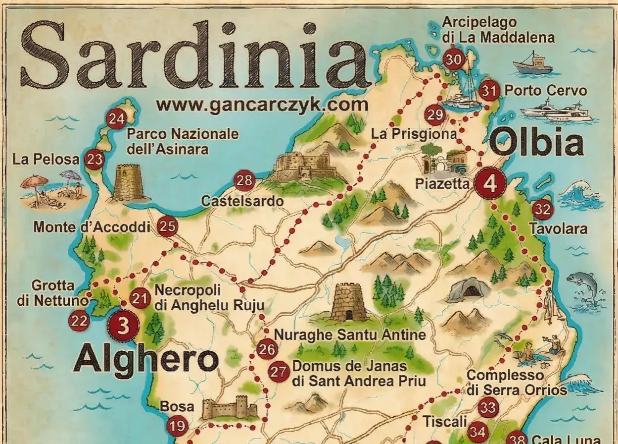 Mapa turystyczna Sardynii z zaznaczonymi atrakcjami, plażami i trasami. Widoczna powierzchnia wyspy z charakterystycznymi punktami.