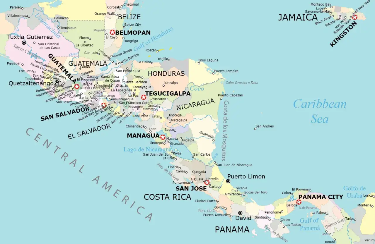 Państwo w Ameryce Środkowej: mapa pokazuje kraje takie jak Gwatemala, Honduras, Nikaragua, Kostaryka i Panama, z ich stolicami i głównymi miastami.