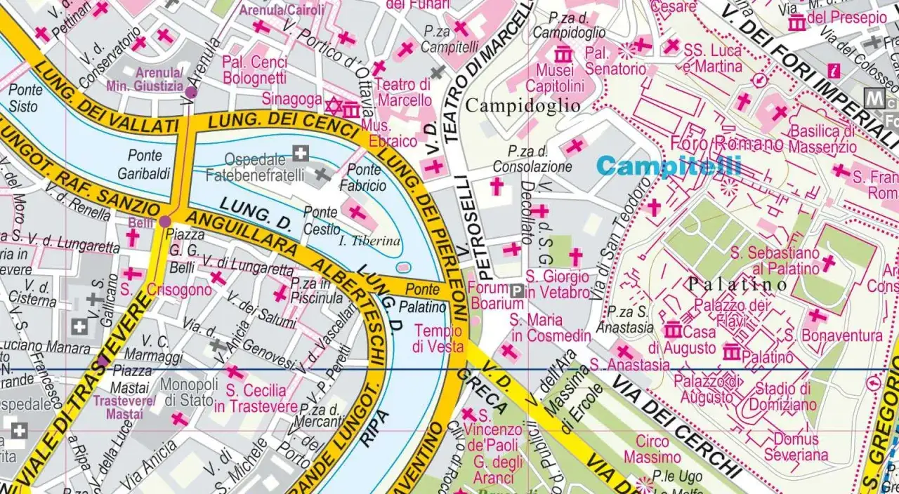 Mapa Rzymu z zaznaczonymi zabytkami i ulicami. Widać rzekę Tyber i mosty. Pytanie