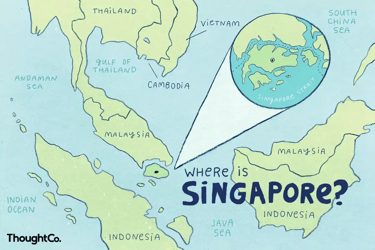 Mapa pokazuje, gdzie leży Singapur: między Malezją a Indonezją, przy cieśninie singapurskiej.