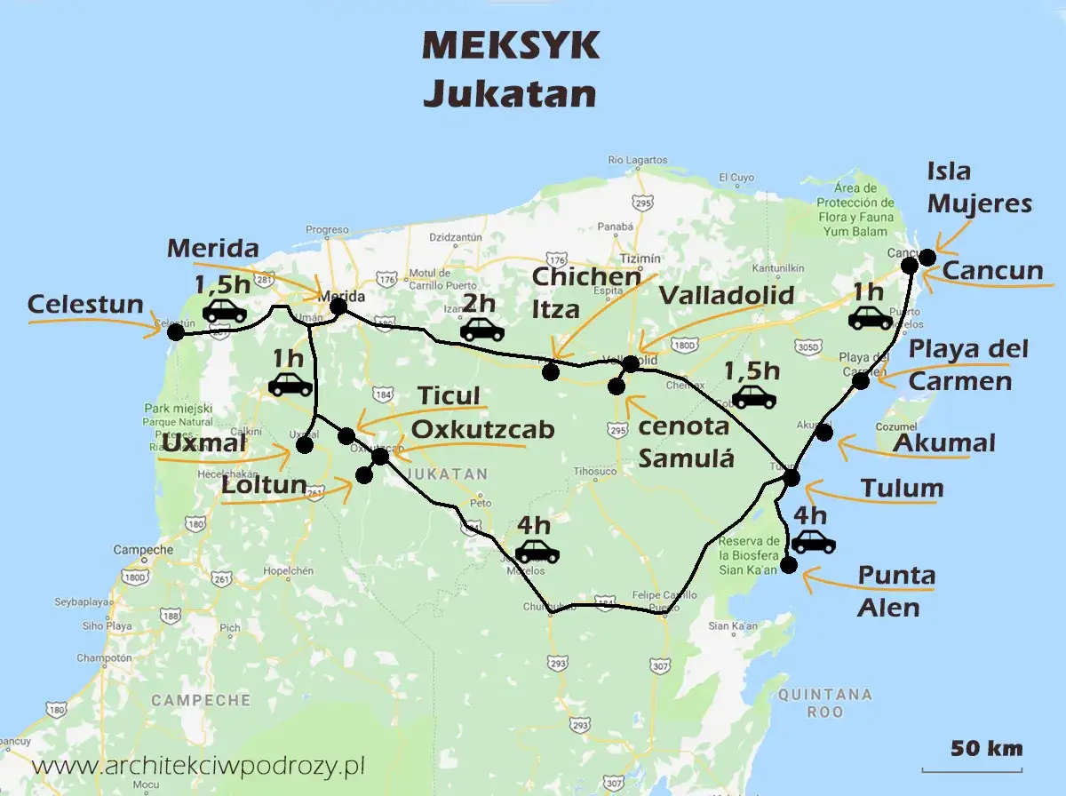 Mapa Jukatanu, gdzie leży Meksyk. Trasa samochodowa przez Merida, Chichen Itza, Valladolid, Cancun, Playa del Carmen, Tulum.